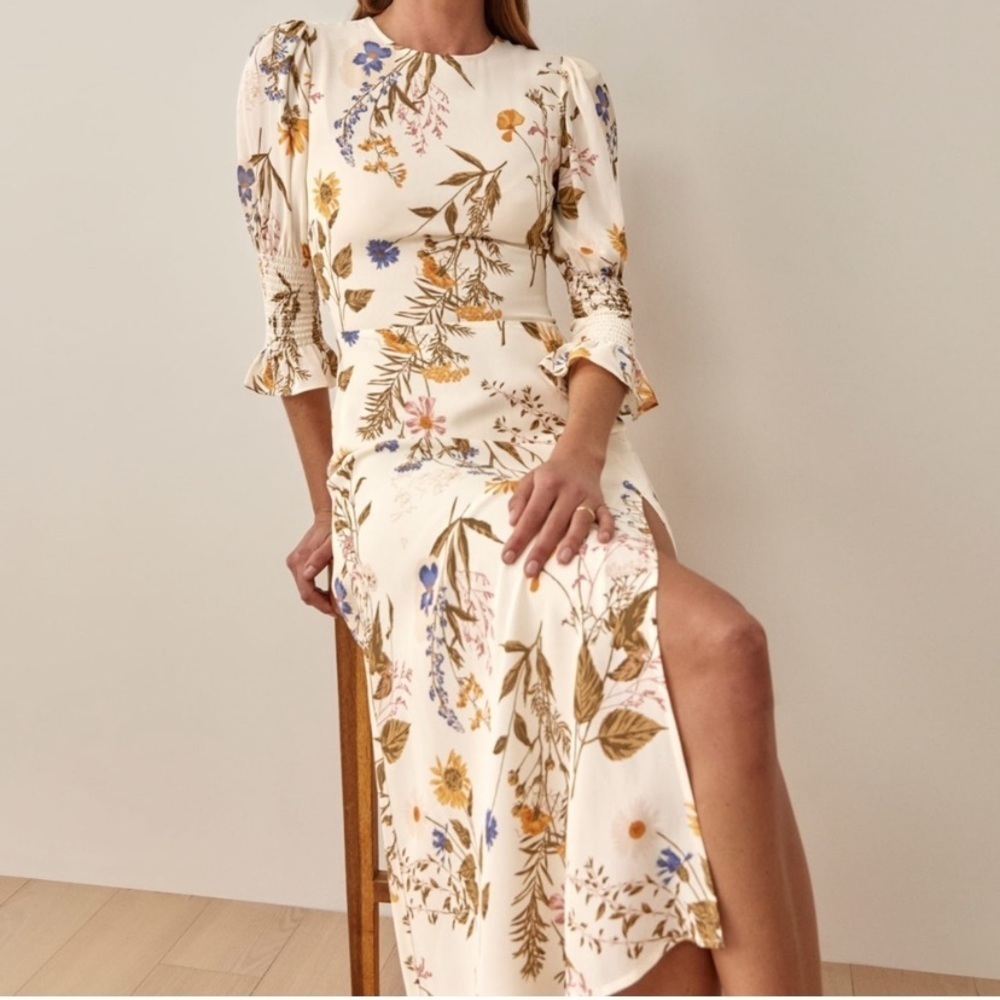 Reformation Cream Floral Midi Dress with Blue and Mustard Print